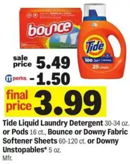 Meijer Tide Liquid Laundry Detergent or Pods, Bounce or Downy Fabric Softener Sheets or Downy Unstopables offer
