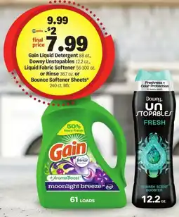 Meijer Gain Liquid Detergent 88 oz., Downy Unstopables, Liquid Fabric Softener or Rinse or Bounce Softener Sheets offer