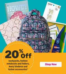 Meijer backpacks, fashion notebooks and folders, Avery binderss and locker accessories offer