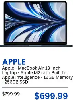 Best Buy Apple MacBook Air 13-inch Laptop Apple M2 chip Built for Apple Intelligence - 16GB Memory - 256GB SSD offer