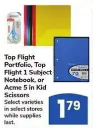 Albertsons Top flight portfolio, top flight 1 subject notebook, or acme 5 in kid scissors offer