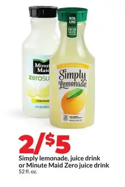 Hy-Vee Simply lemonade, juice drink or Minute Maid Zero juice drink offer