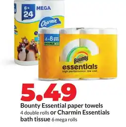Hy-Vee Bounty Essential paper towels 4 double rolls or Charmin Essentials bath tissue 6 mega rolls offer