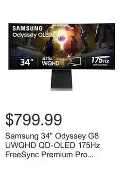 Costco Samsung 34 Odyssey G8 UWQHD QD-OLED 175Hz FreeSync Premium Pro Curved Gaming Monitor offer