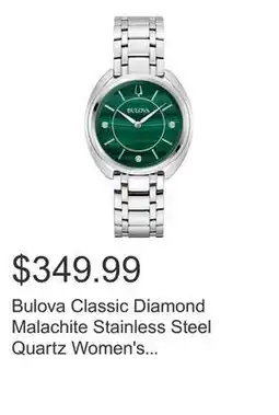 Costco Bulova Classic Diamond Malachite Stainless Steel Quartz Women's Watch, 34mm offer