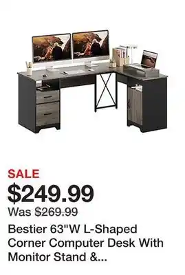 Office Depot Bestier 63W L-Shaped Corner Computer Desk With Monitor Stand & Open Storage, Gray offer