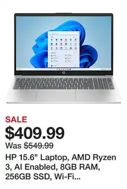 Office Depot HP 15.6 Laptop, AMD Ryzen 3, AI Enabled, 8GB RAM, 256GB SSD, Wi-Fi 6, Windows 11 Home (15-fc0013od) offer
