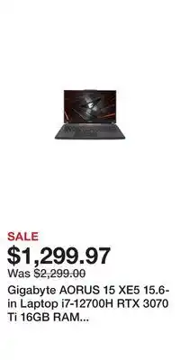 Game Stop Gigabyte AORUS 15 XE5 15.6-in Laptop i7-12700H RTX 3070 Ti 16GB RAM 1024GB Windows 11 XE5-73USB34SH offer
