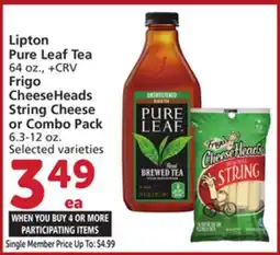 Albertsons Lipton Pure Leaf Tea 64 oz., Frigo CheeseHeads String Cheese or Combo Pack 6.3-12 oz offer