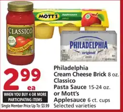 Vons Philadelphia Cream Cheese Brick 8 oz. Classico Pasta Sauce 15-24 oz. or Mott's Applesauce 6 ct. cups offer