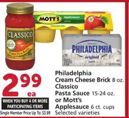 Albertsons Philadelphia Cream Cheese Brick 8 oz. Classico Pasta Sauce 15-24 oz. or Mott's Applesauce 6 ct. cups offer