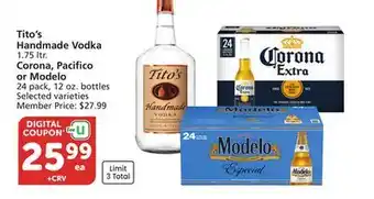 Albertsons Tito's Handmade Vodka, 1.75 ltr. Corona, Pacifico or Modelo 24 pack, 12 oz. bottles offer