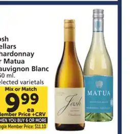 Vons Josh Cellars Chardonnay or Matua Sauvignon Blanc offer