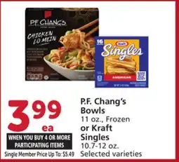 Vons P. F. Chang's Bowls 11 oz., Frozen or Kraft Singles 10.7-12 oz offer