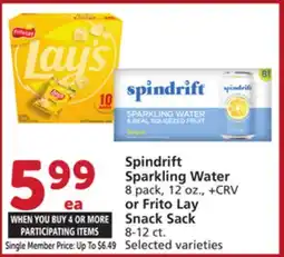 Vons Spindrift Sparkling Water 8 pack, 12 oz., + CRV or Frito Lay Snack Sack 8-12 ct offer