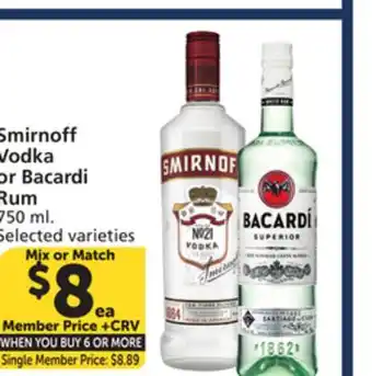 Vons Smirnoff Vodka or Bacardi Rum offer