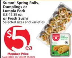 Vons Summ! Spring Rolls, Dumplings or Lumpia Pork 8.8-12.35 oz. or Fresh Sushi offer