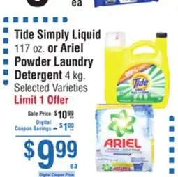 Smart & Final Tide Simply Liquid or Ariel Powder Laundry Detergent offer