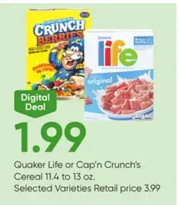 Stater Bros Quaker Life or Cap'n Crunch's Cereal offer