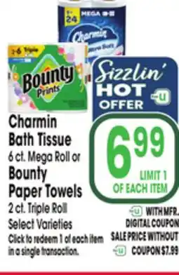 Jewel-Osco Charmin Bath Tissue 6 ct. Mega Roll or Bounty Paper Towels 2 ct. Triple Roll offer
