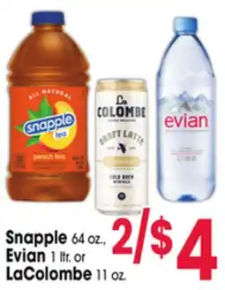 Jewel-Osco Snapple 64 oz., Evian 1 ltr. or LaColombe 11 oz offer
