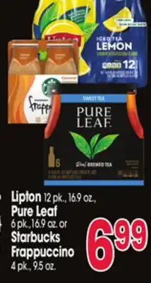 Jewel-Osco Lipton 12 pk., 16.9 oz., Pure Leaf 6 pk.,16.9 oz. or Starbucks Frappuccino 4 pk., 9.5 oz offer