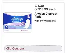 Walgreens Always Discreet Pads offer