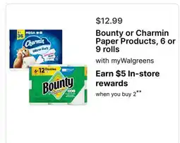 Walgreens Bounty or Charmin Paper Products, 6 or 9 rolls offer