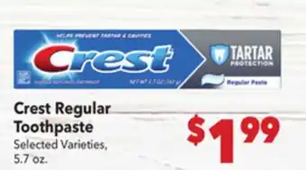 Vallarta Supermarkets Crest Regular Toothpaste offer