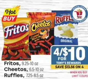 Tony’s Fresh Market Fritos, 9.25-10 oz Cheetos, 6.5-10 oz Ruffles, 7.25-8.5 oz offer