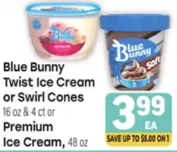 Tony’s Fresh Market Blue Bunny Twist Ice Cream or Swirl Cones 16 oz & 4 ct or Premium Ice Cream, 48 oz offer