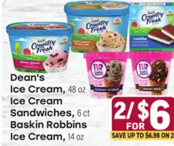 Tony’s Fresh Market Dean's Ice Cream, 48 oz Ice Cream Sandwiches, 6 ct Baskin Robbins Ice Cream offer