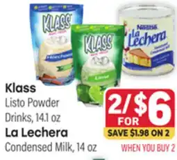 Tony’s Fresh Market Klass Listo Powder Drinks, 14.1oz., La Lechera Condensed Milk, 14oz offer
