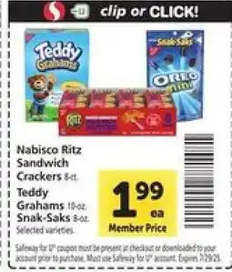 Safeway Nabisco Ritz Sandwich Crackers, Teddy Grahams, Snak-Saks offer