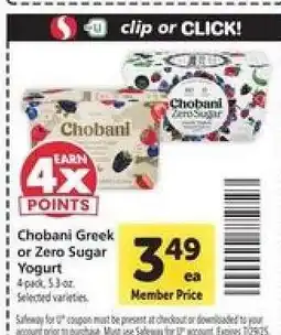 Safeway Chobani Greek or Zero Sugar Yogurt offer