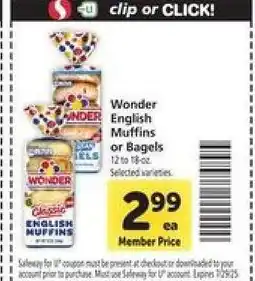 Safeway Wonder English Muffins or Bagels offer