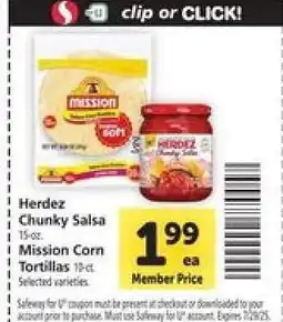Safeway Herdez Chunky Salsa or Mission Corn Tortillas offer