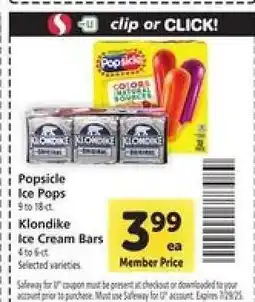 Safeway Popsicle Ice Pops / Klondike Ice Cream Bars offer