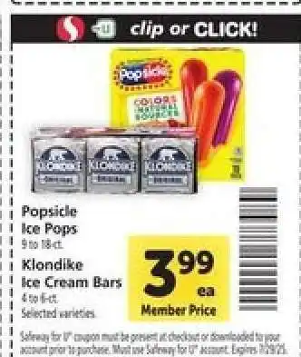 Safeway Popsicle Ice Pops / Klondike Ice Cream Bars offer