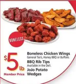 Safeway Boneless Chicken Wings, BBQ Rib Tips, JoJo Potato Wedges offer
