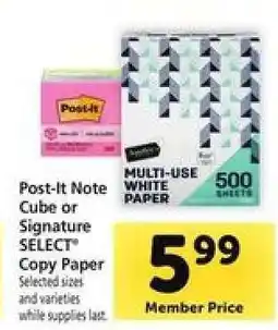 Safeway Post-It Note Cube or Signature SELECT Copy Paper offer