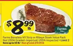 Winn Dixie Farms Boneless NY Strip or Ribeye Steak Value Pack offer