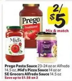 Winn Dixie Prego Pasta Sauce, Mid's Pizza Sauce, SE Grocers Alfredo Sauce offer