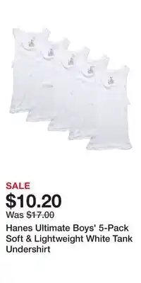 Kohl's Hanes Ultimate Boys' 5-Pack Soft & Lightweight White Tank Undershirt offer