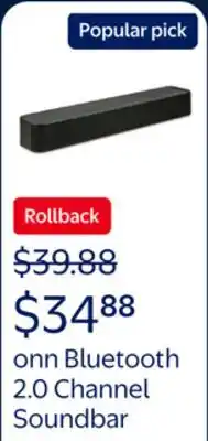 Walmart onn Bluetooth 2.0 Channel Soundbar with Multi-Color LED Lighting offer