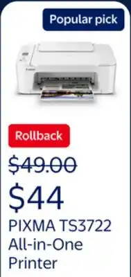 Walmart PIXMA TS3722 Wireless All-in-One Home Printer with Scanner and Copier, with PG-275 and CL-276 Inks offer