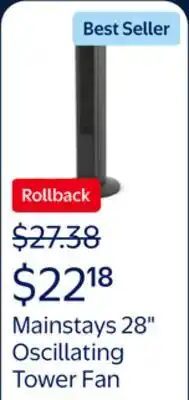 Walmart Mainstays 28 Tall 3-Speed Oscillating Tower Fan, New, Black, MSWMT24MB offer
