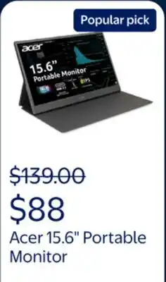 Walmart Acer 15.6 Portable Monitor, Full HD (1920x1080), 60Hz, Black, PM161Q offer