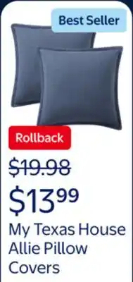 Walmart My Texas House 20 x 20 Allie Reversible Solid Blue Cotton Decorative Pillow Covers offer