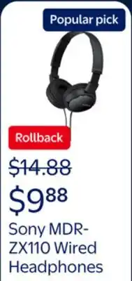 Walmart Sony MDR-ZX110 Wired On-Ear Headphones, Black offer